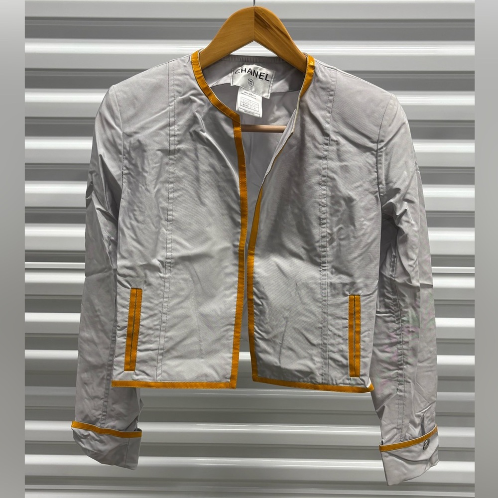 Chanel Women's Bolero Jacket in Gray with Yellow Trim